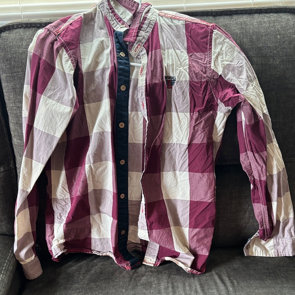 Marshall Burgundy and White Plaid Casual Button Down Shirt